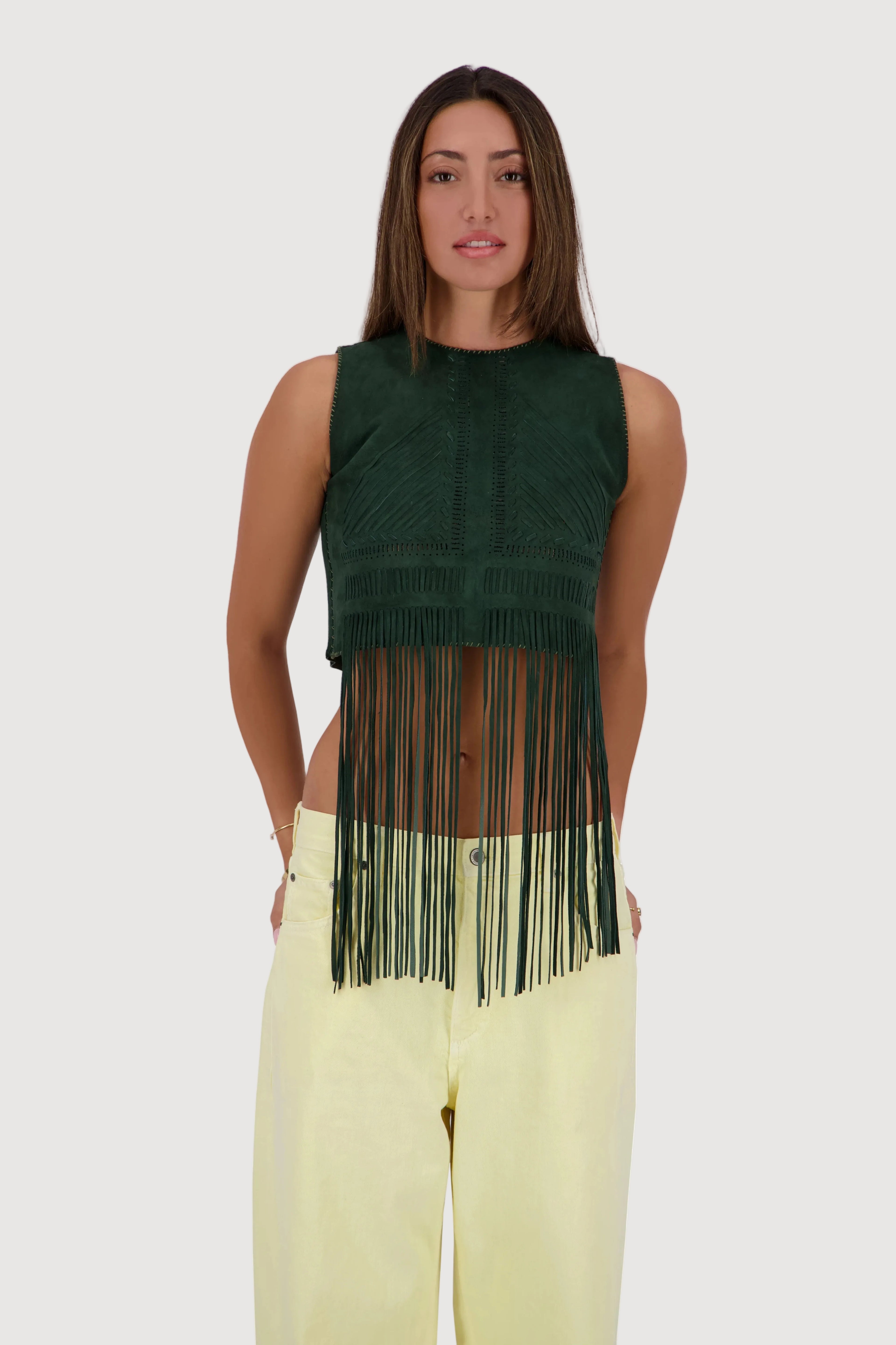 Forest Hand-Woven Suede Fringe Top