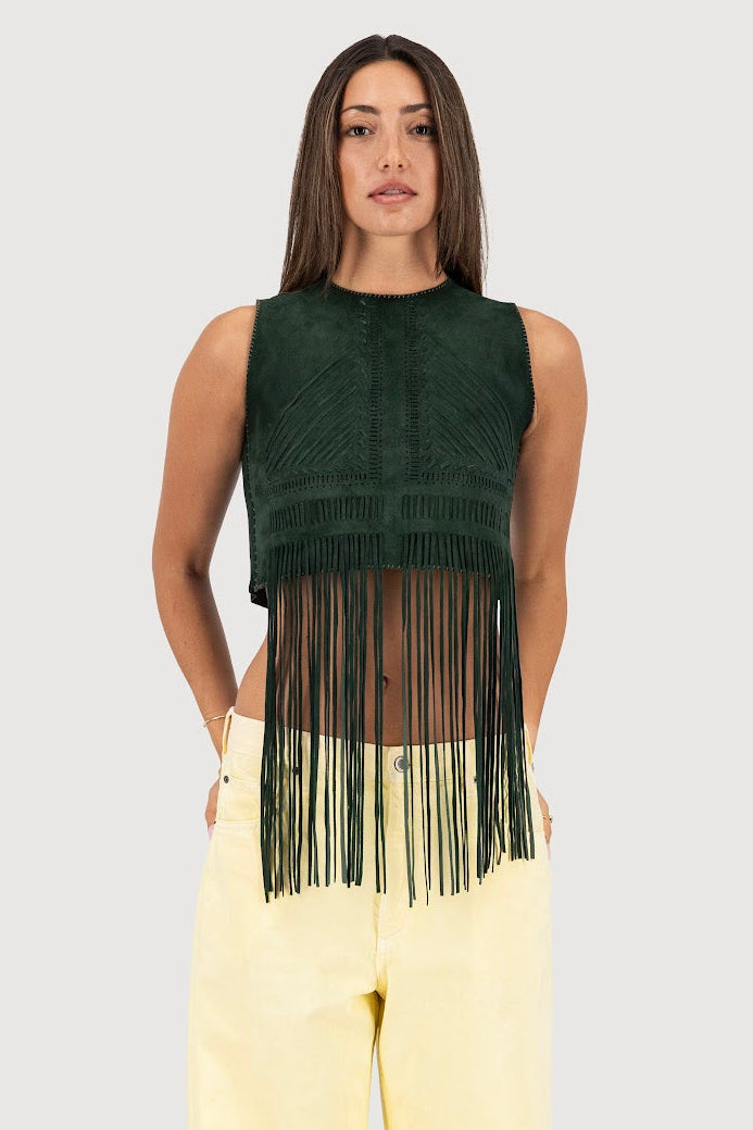Forest Hand-Woven Suede Fringe Top
