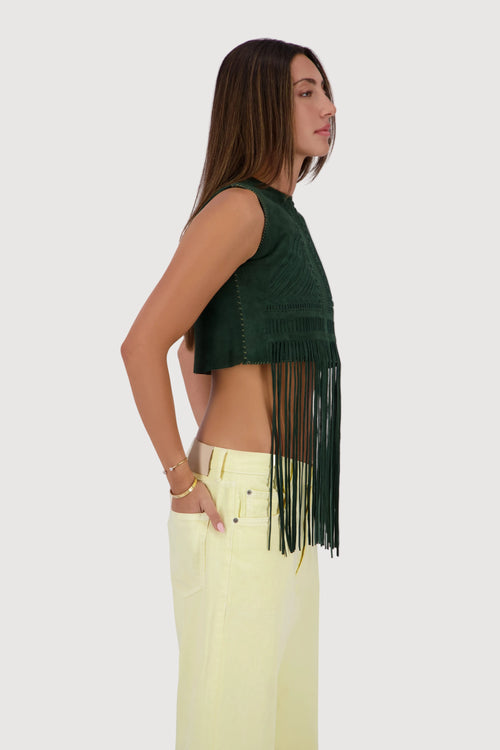 Forest Hand-Woven Suede Fringe Top