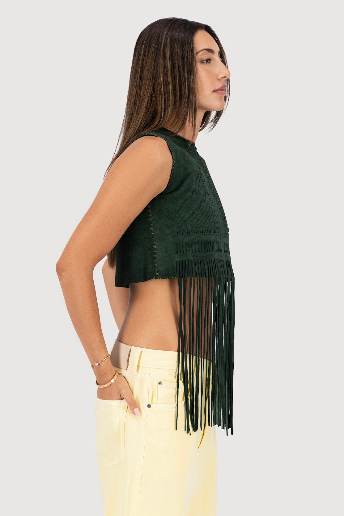 Forest Hand-Woven Suede Fringe Top