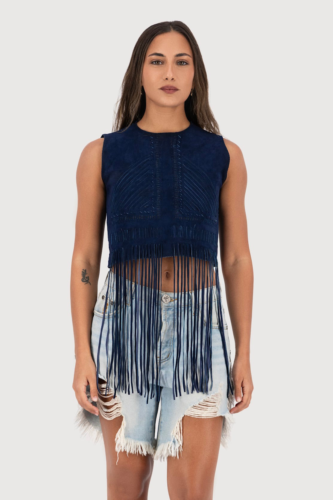 Midnight Mesa Hand-Woven Suede Fringe Top