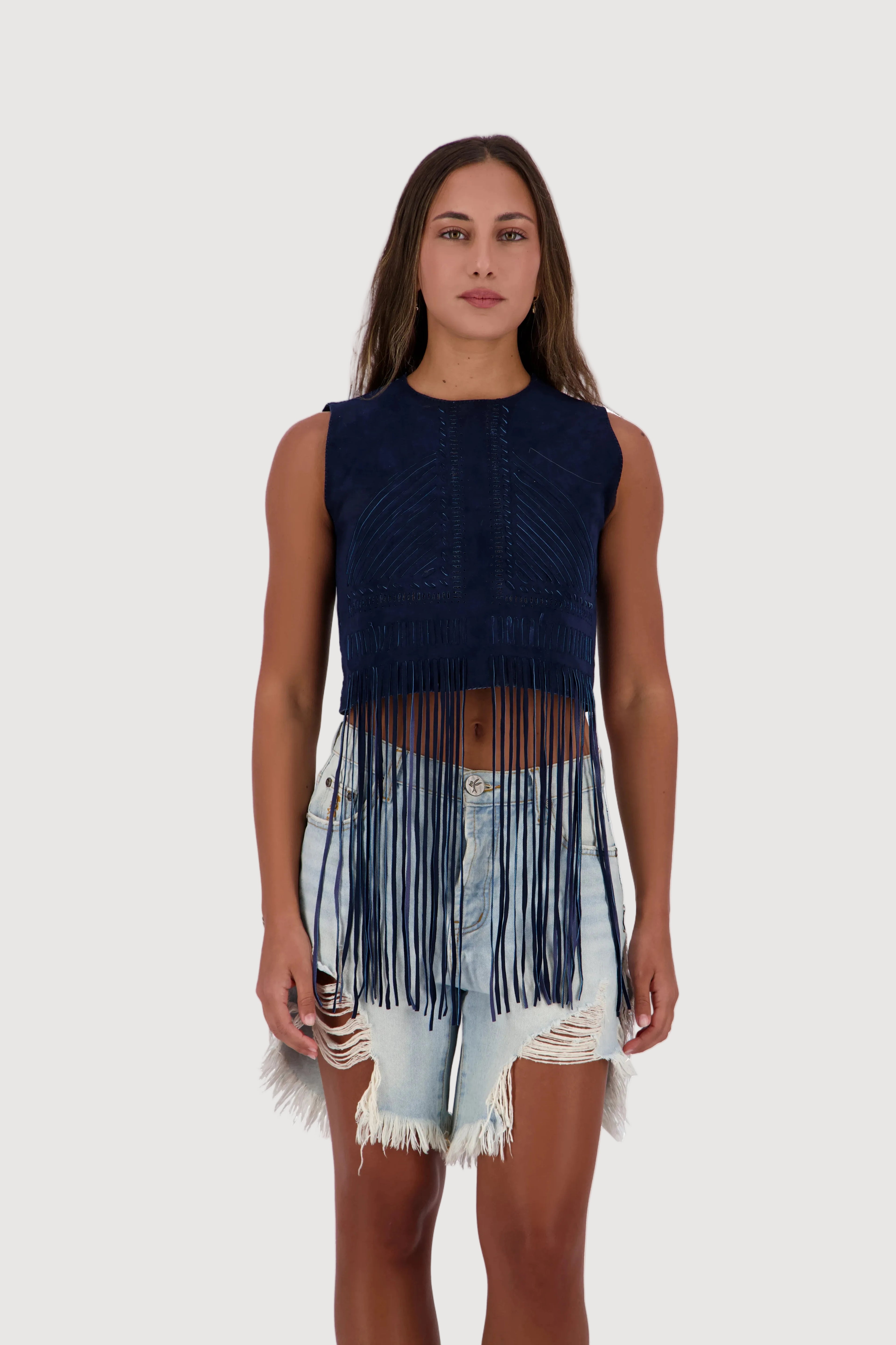 Midnight Mesa Hand-Woven Suede Fringe Top