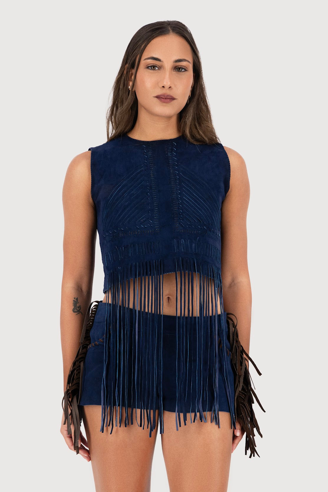 Midnight Mesa Hand-Woven Suede Fringe Top