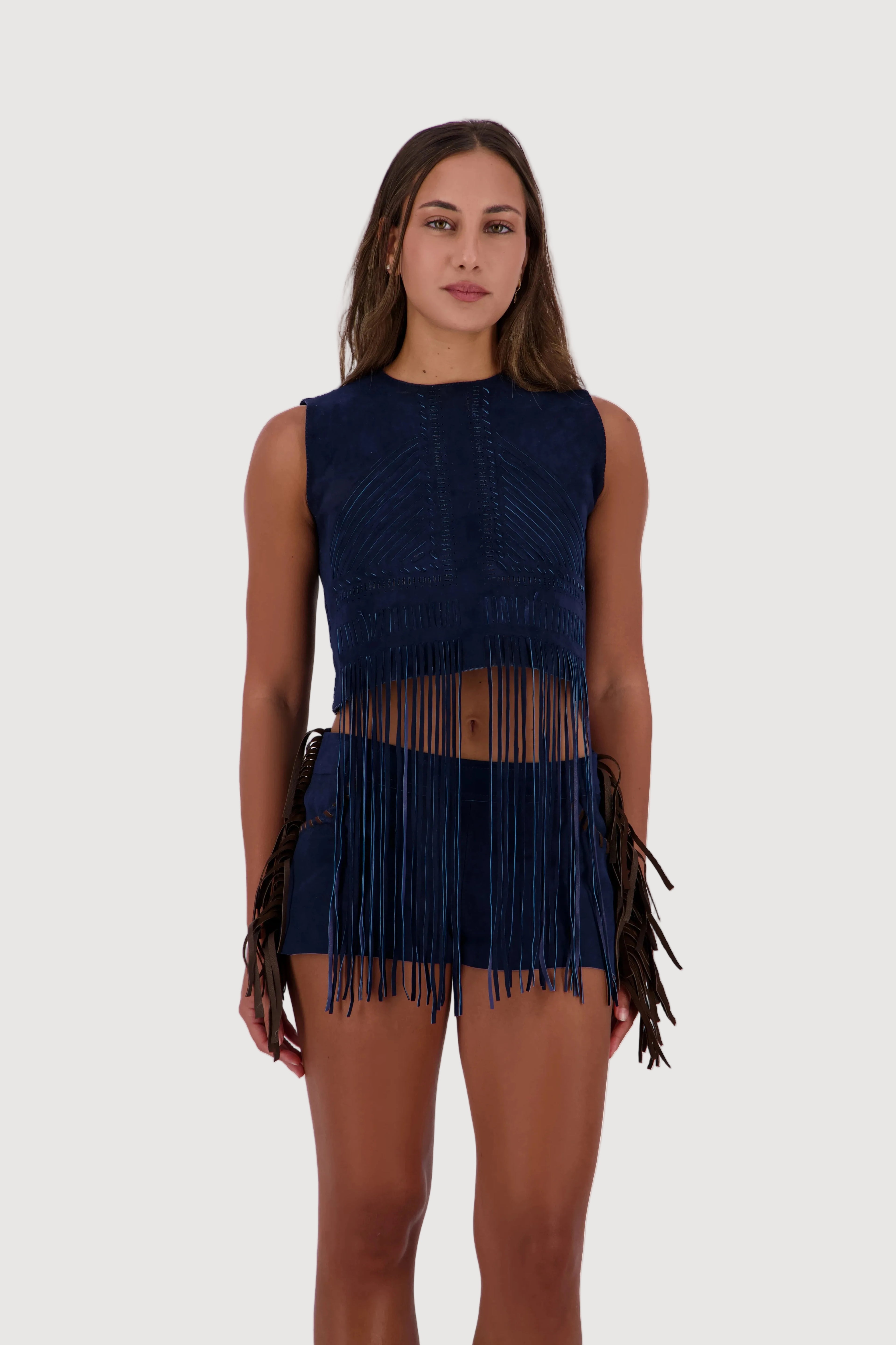 Midnight Mesa Hand-Woven Suede Fringe Top