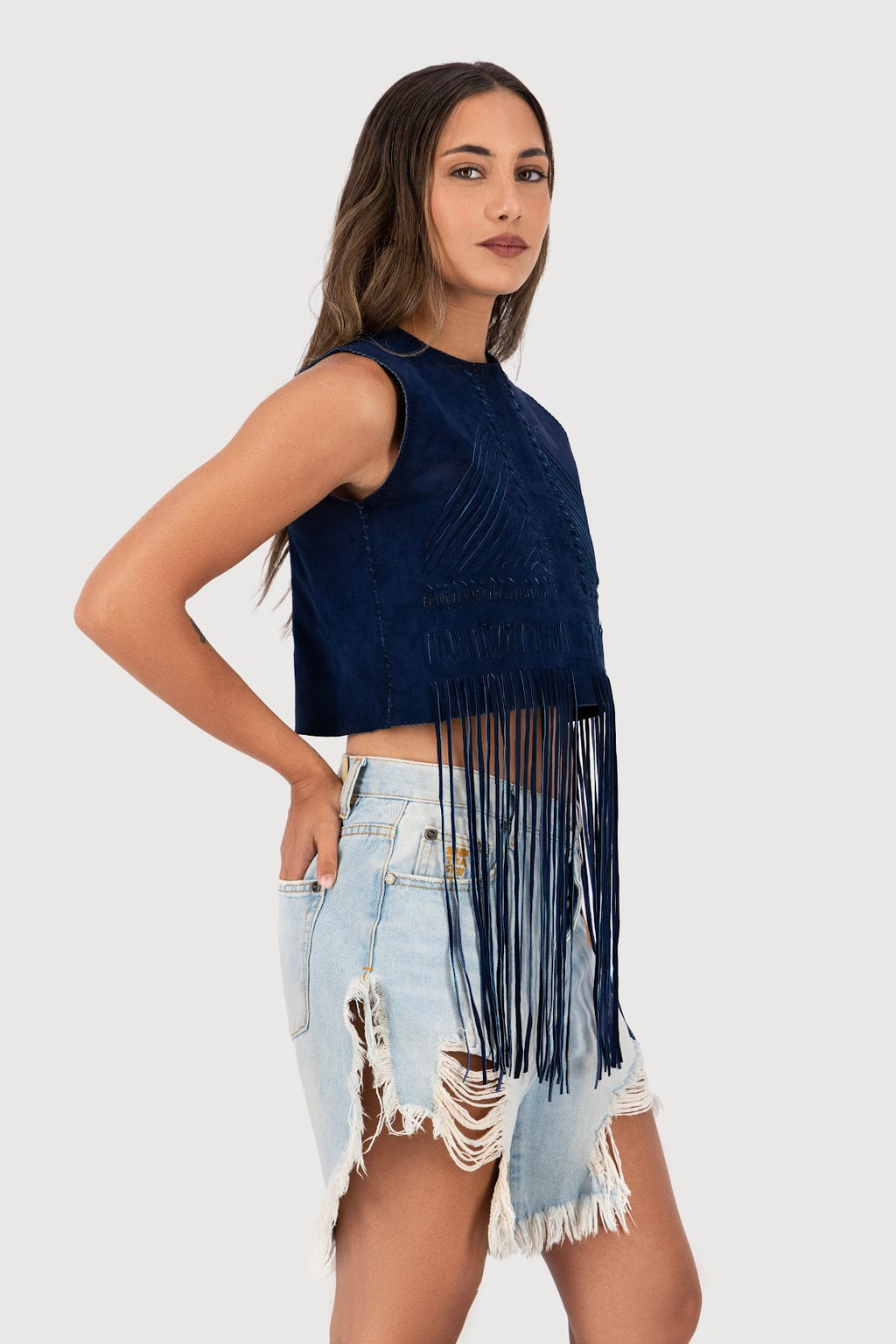 Midnight Mesa Hand-Woven Suede Fringe Top