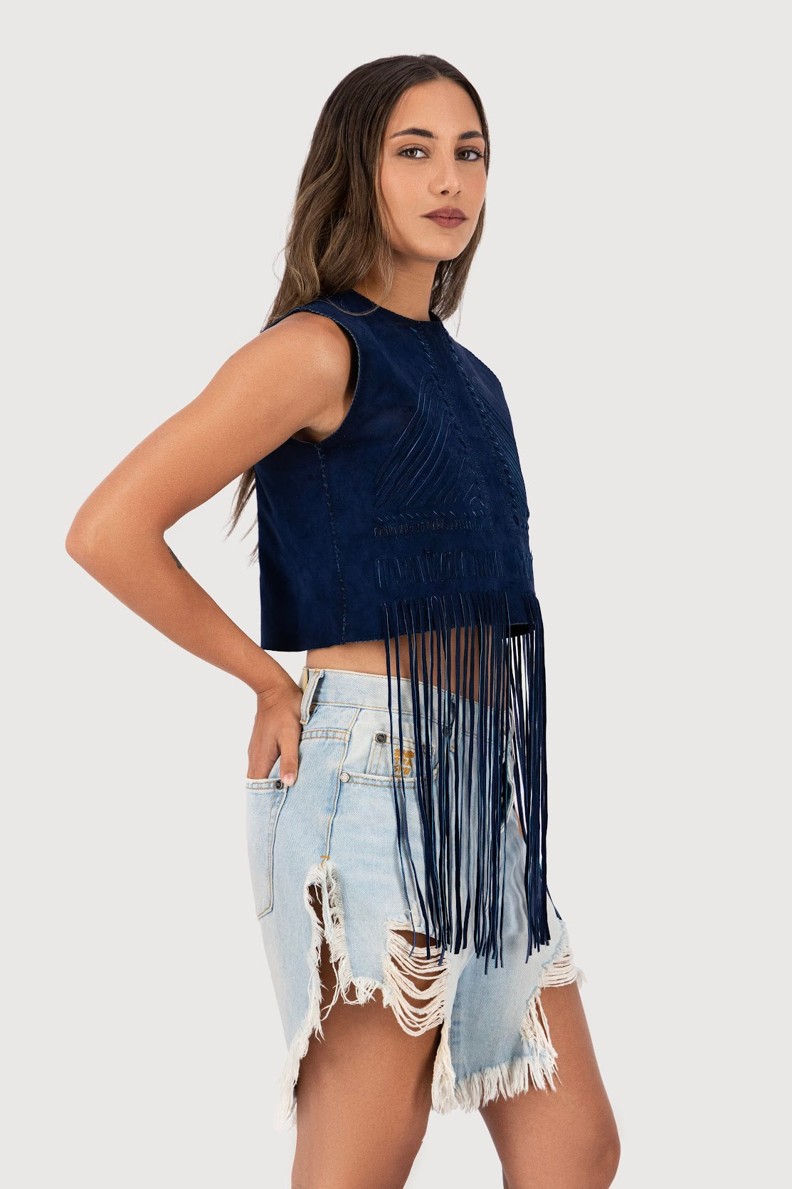 Midnight Mesa Hand-Woven Suede Fringe Top