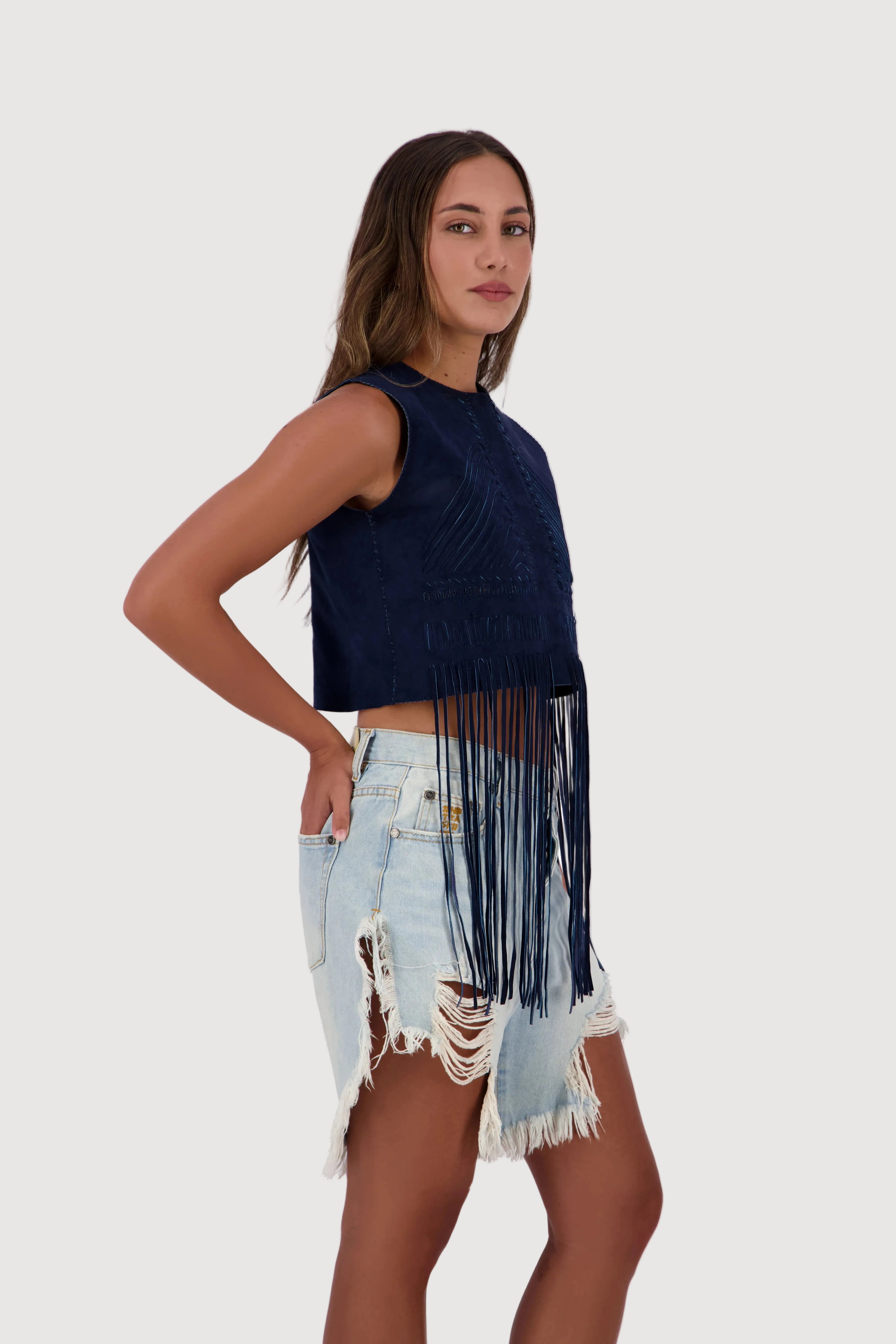 Midnight Mesa Hand-Woven Suede Fringe Top
