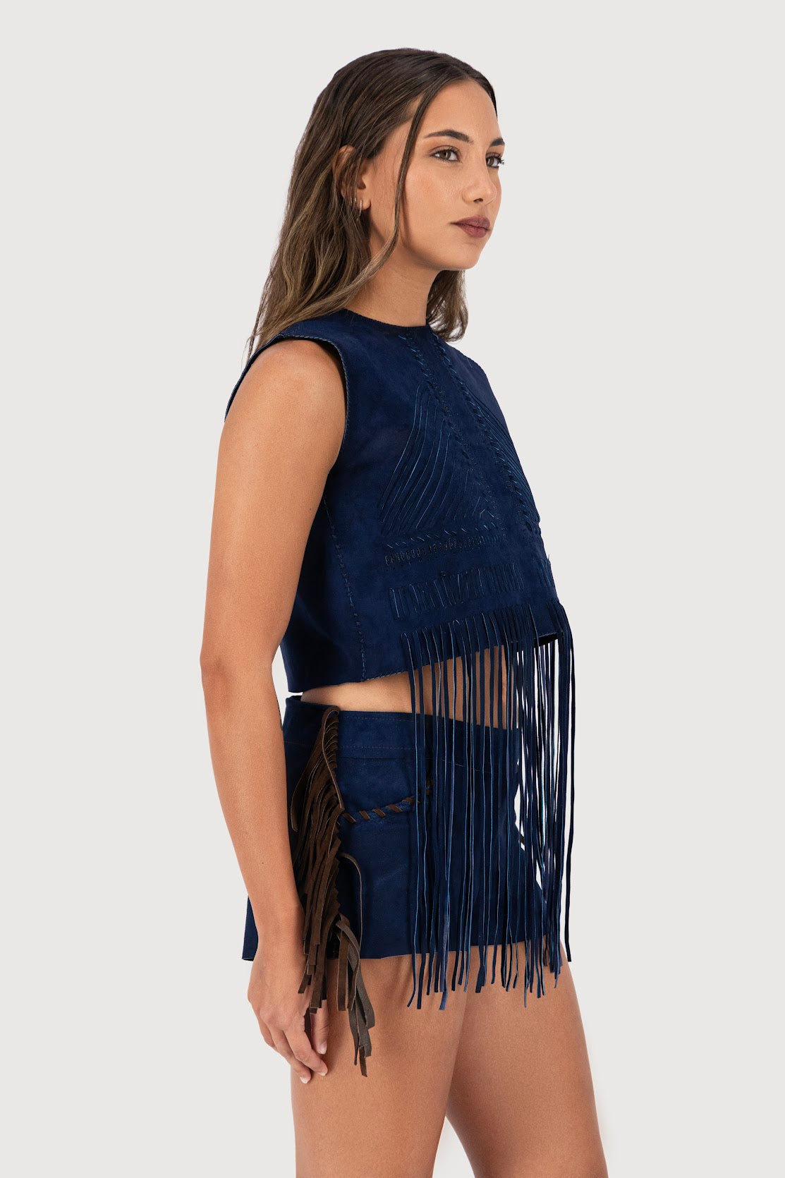 Midnight Mesa Hand-Woven Suede Fringe Top