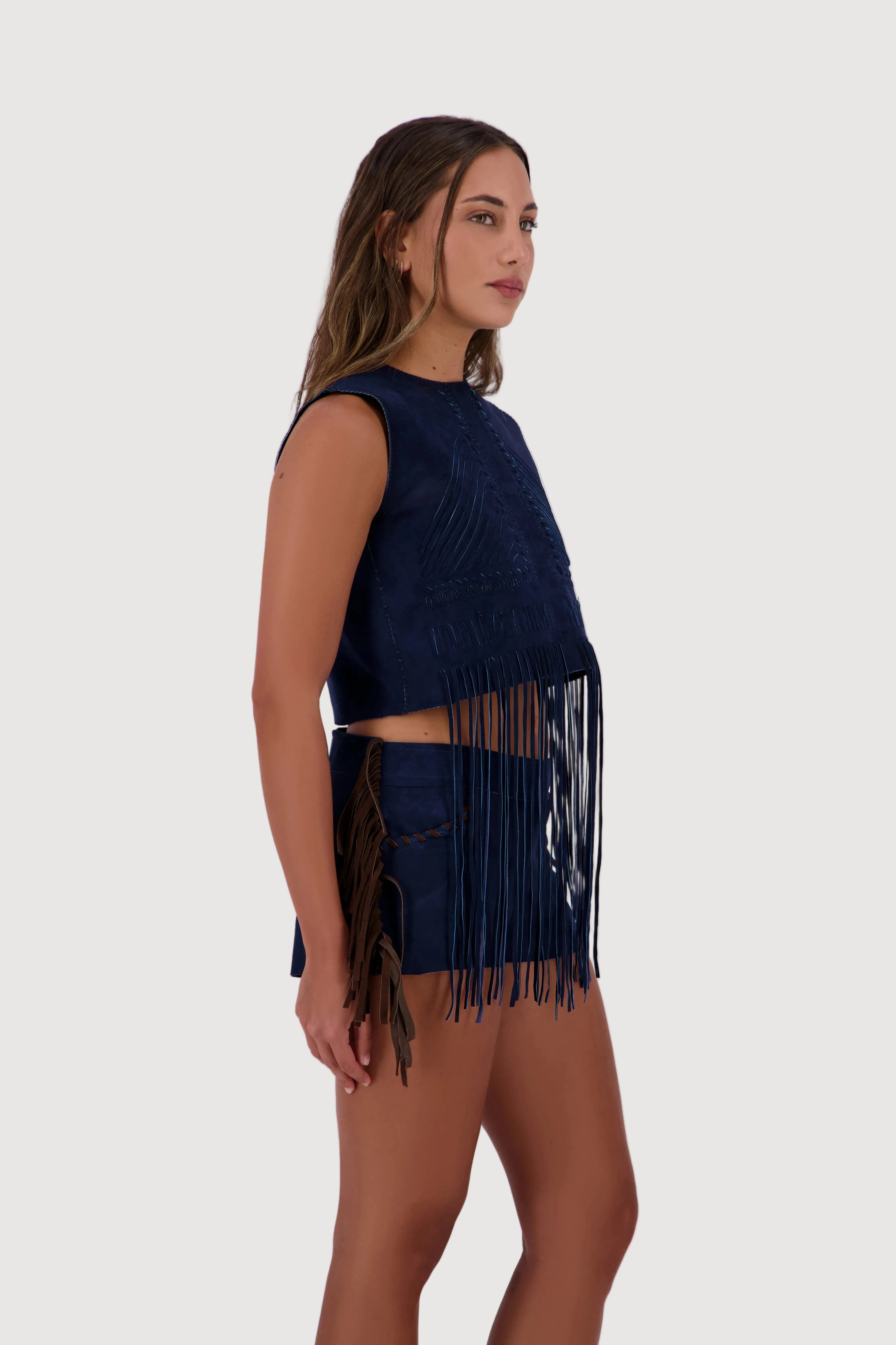 Midnight Mesa Hand-Woven Suede Fringe Top