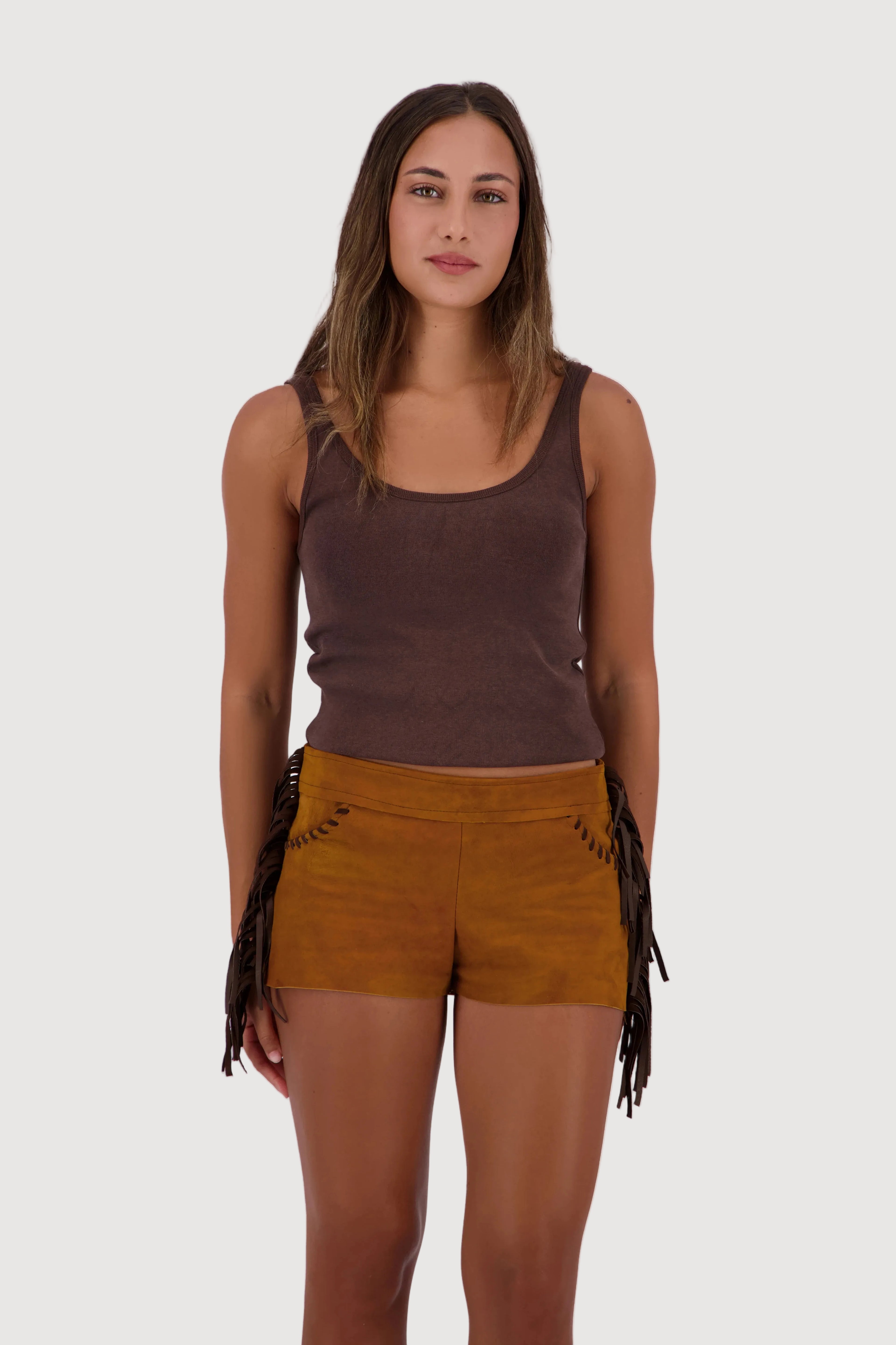 Ochre Fringe Mini Shorts
