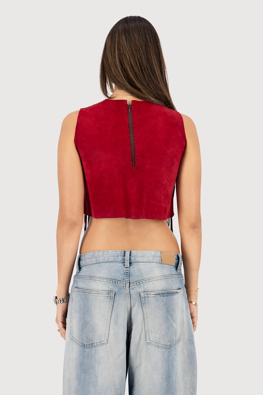 Rose Hand-Woven Suede Fringe Top