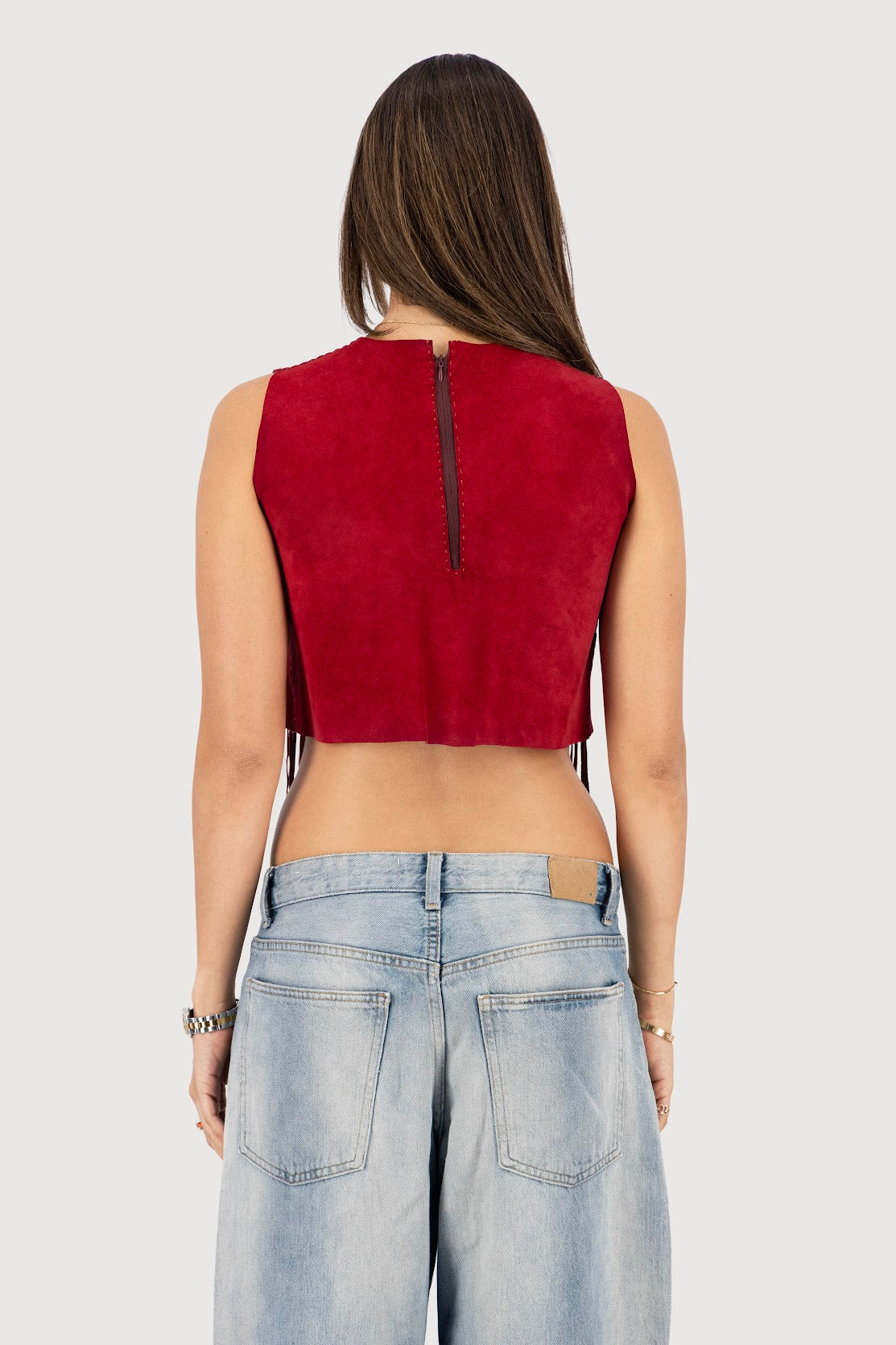 Rose Hand-Woven Suede Fringe Top
