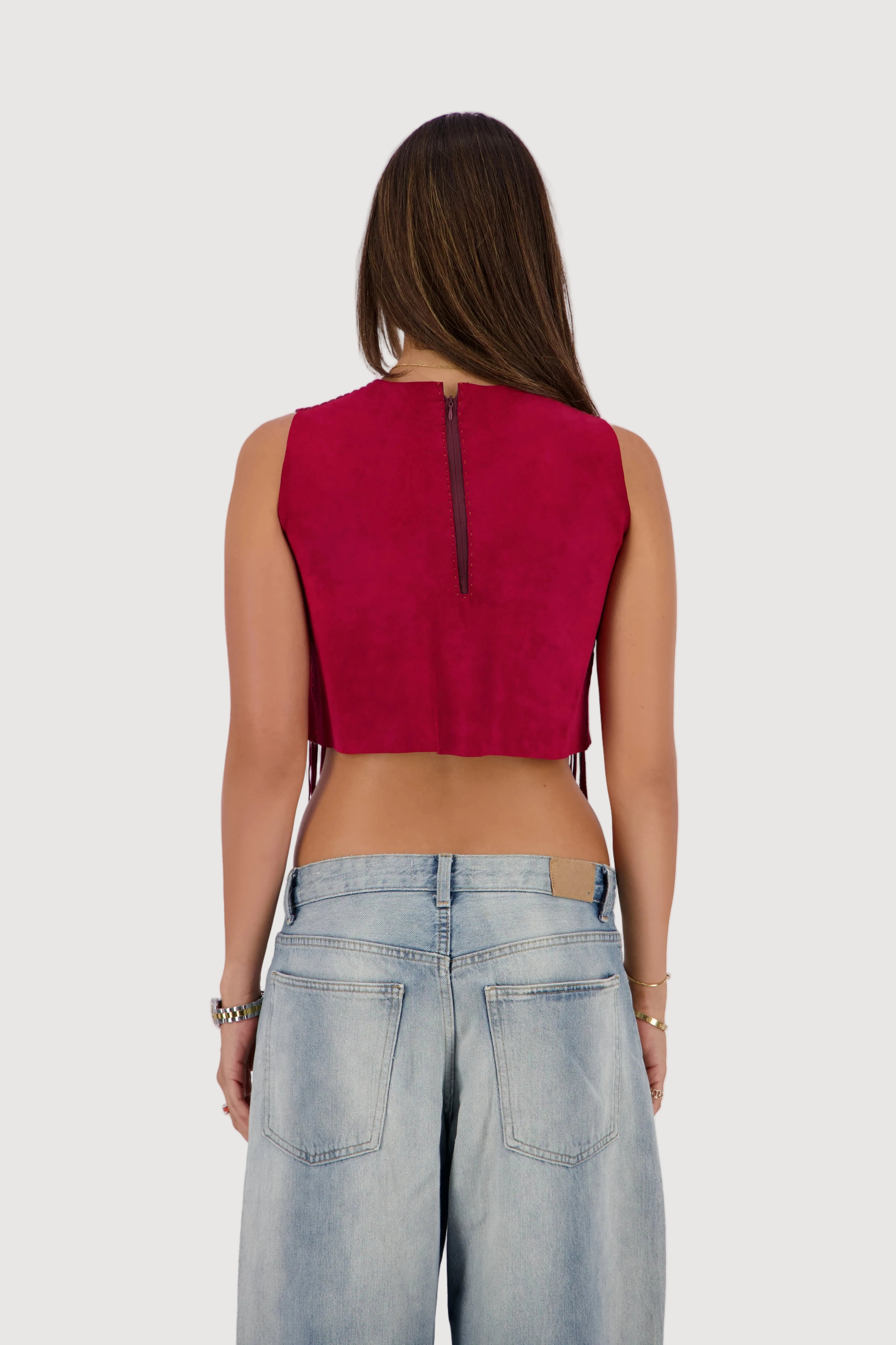Rose Hand-Woven Suede Fringe Top