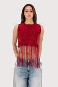 Rose Hand-Woven Suede Fringe Top