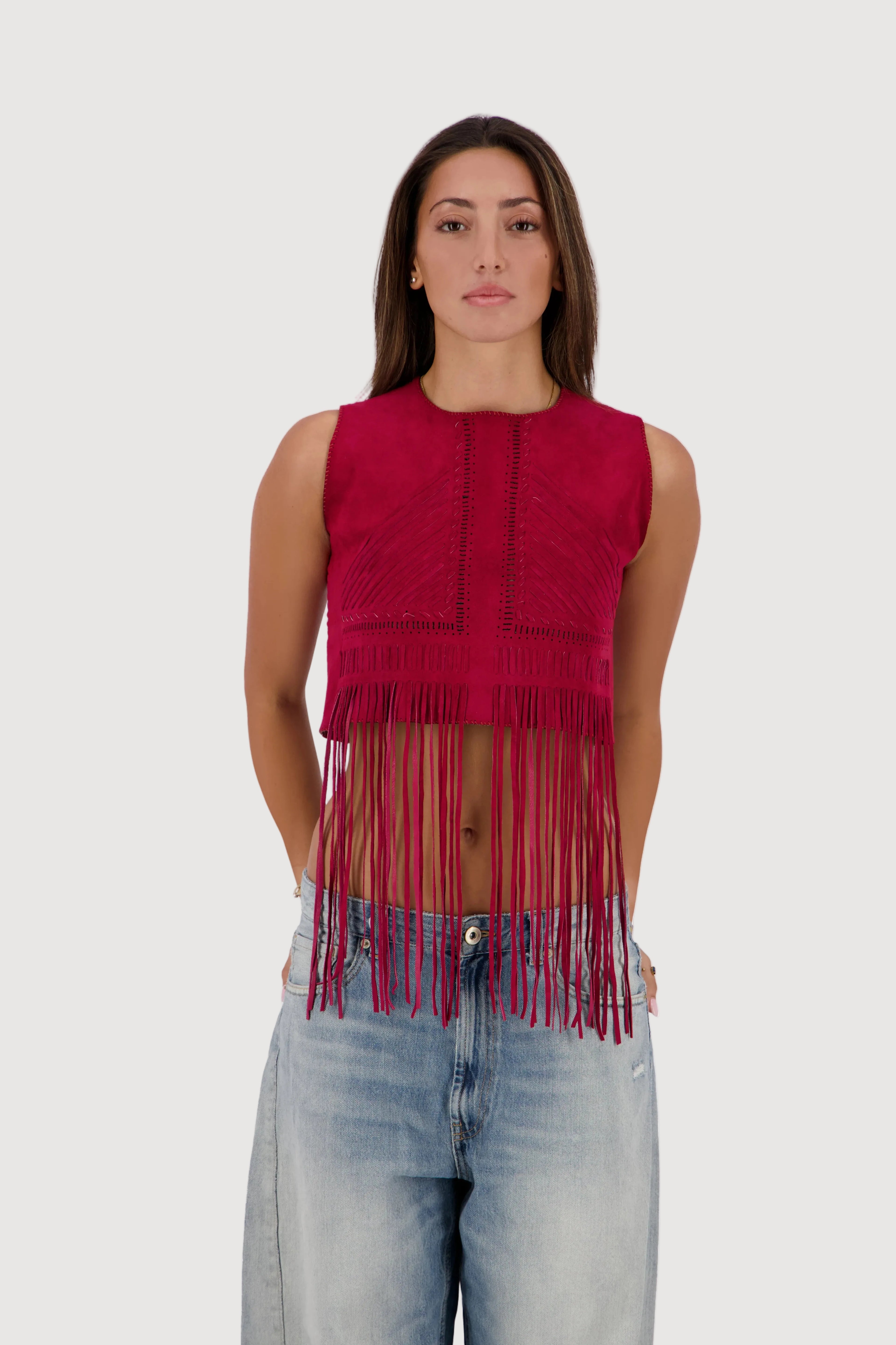 Rose Hand-Woven Suede Fringe Top