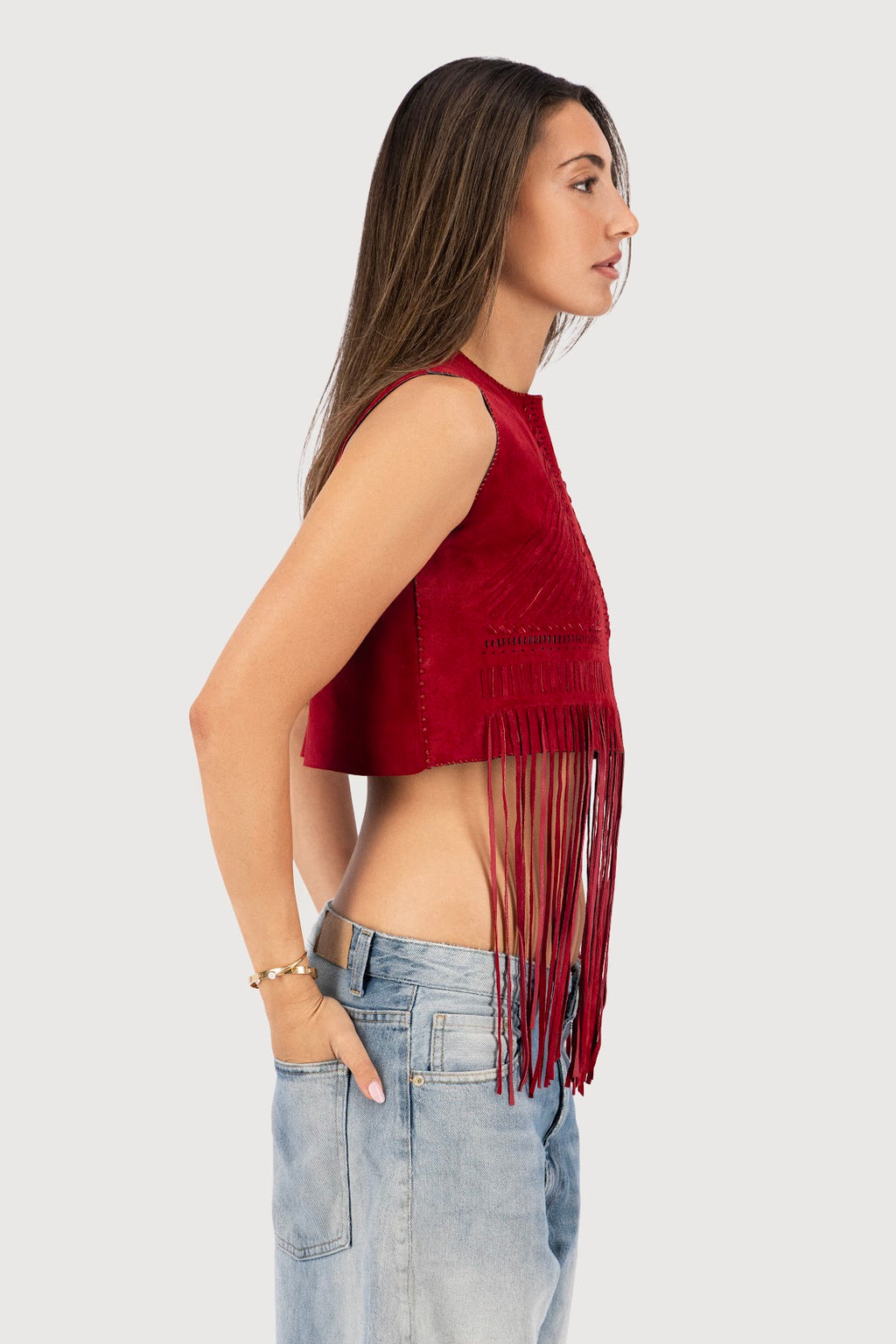 Rose Hand-Woven Suede Fringe Top