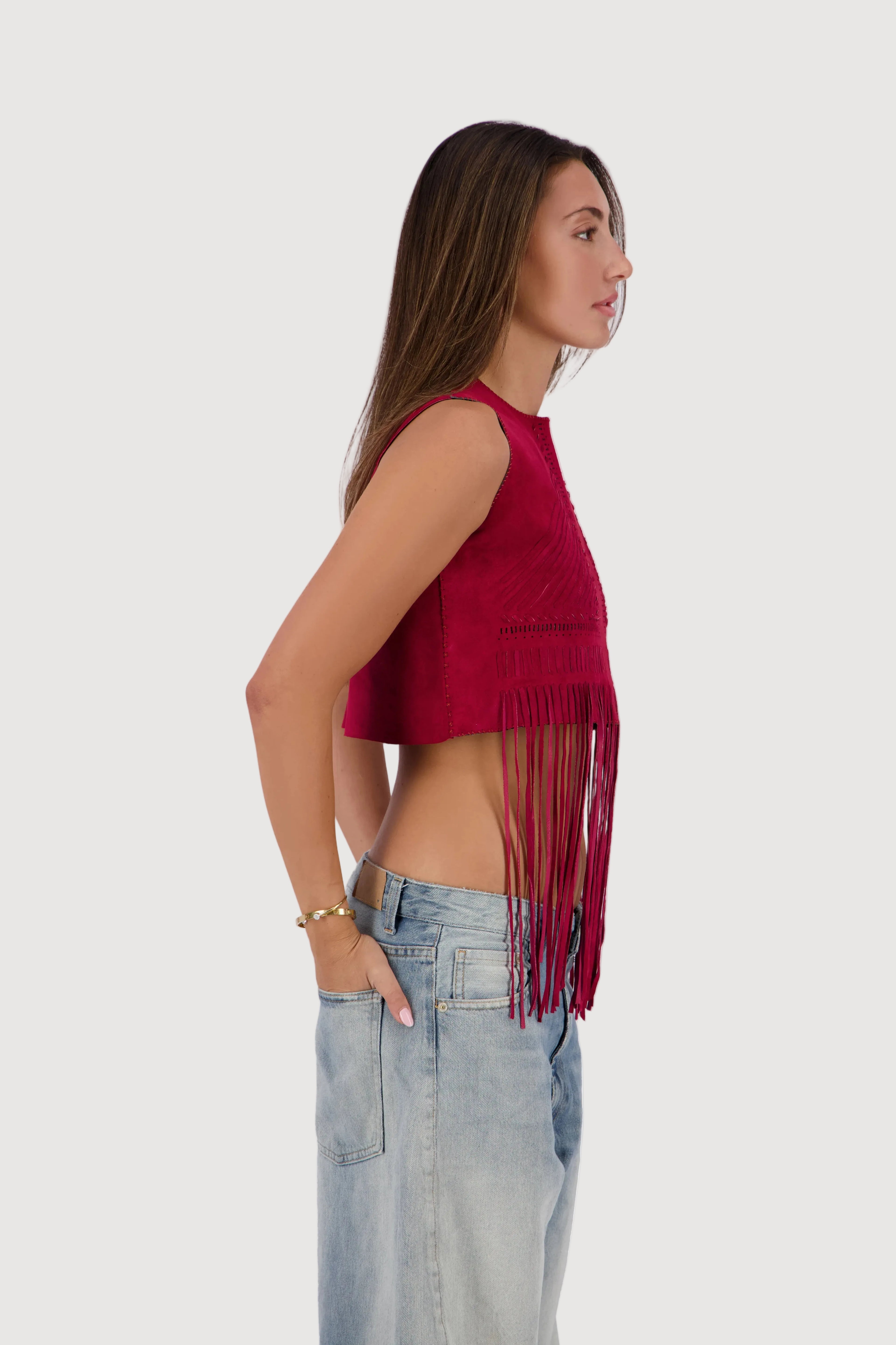 Rose Hand-Woven Suede Fringe Top